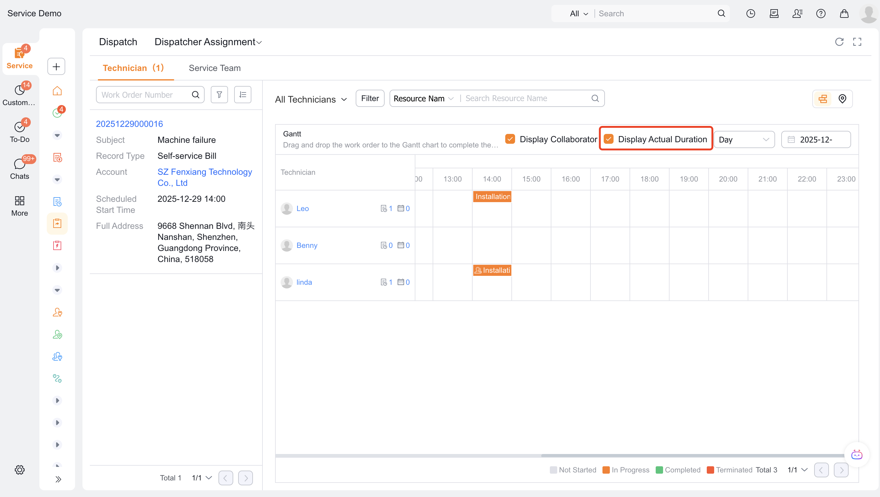Compare planned and actual service times in the Gantt chart