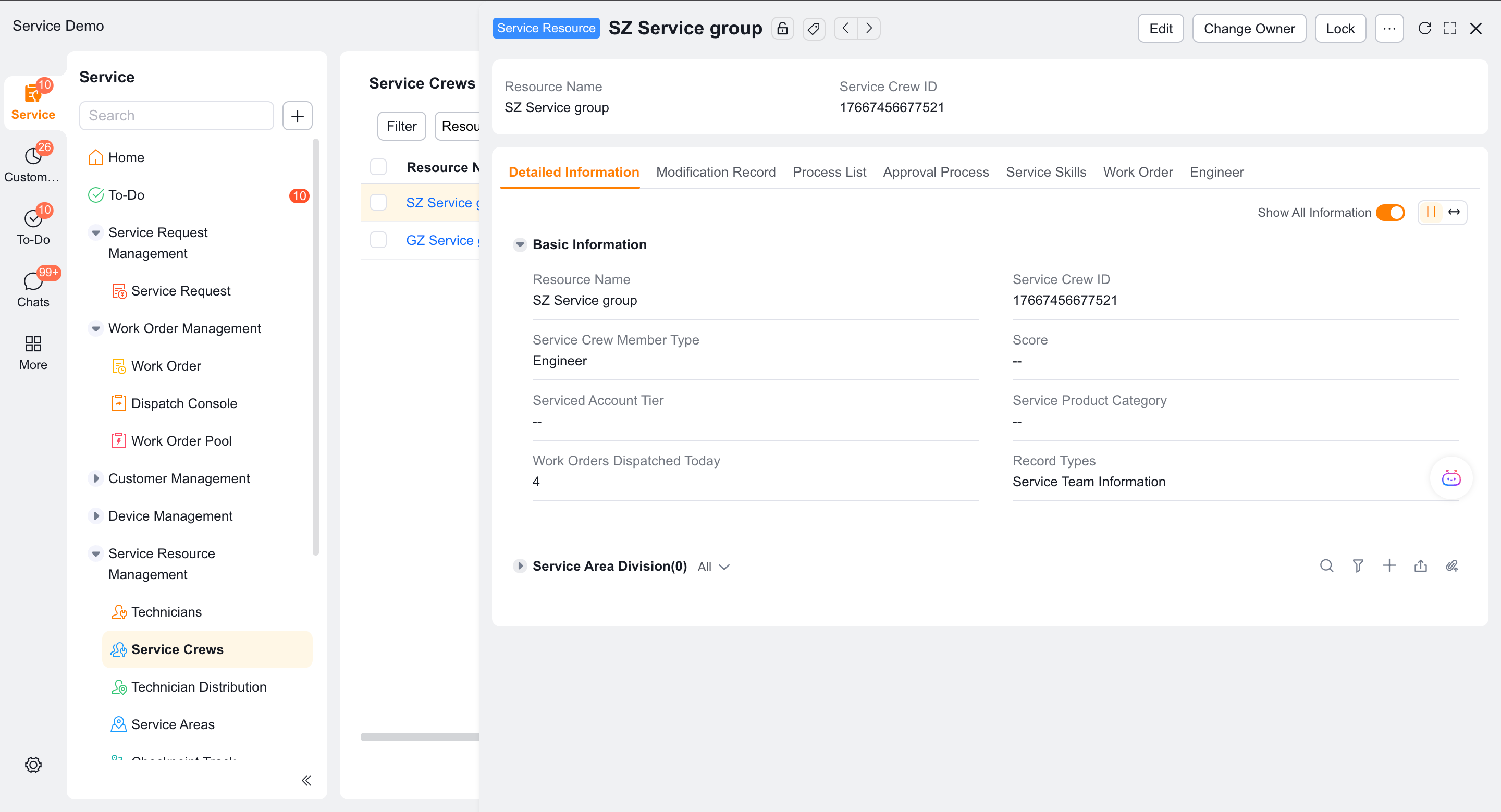 Enter service group information from the service information menu