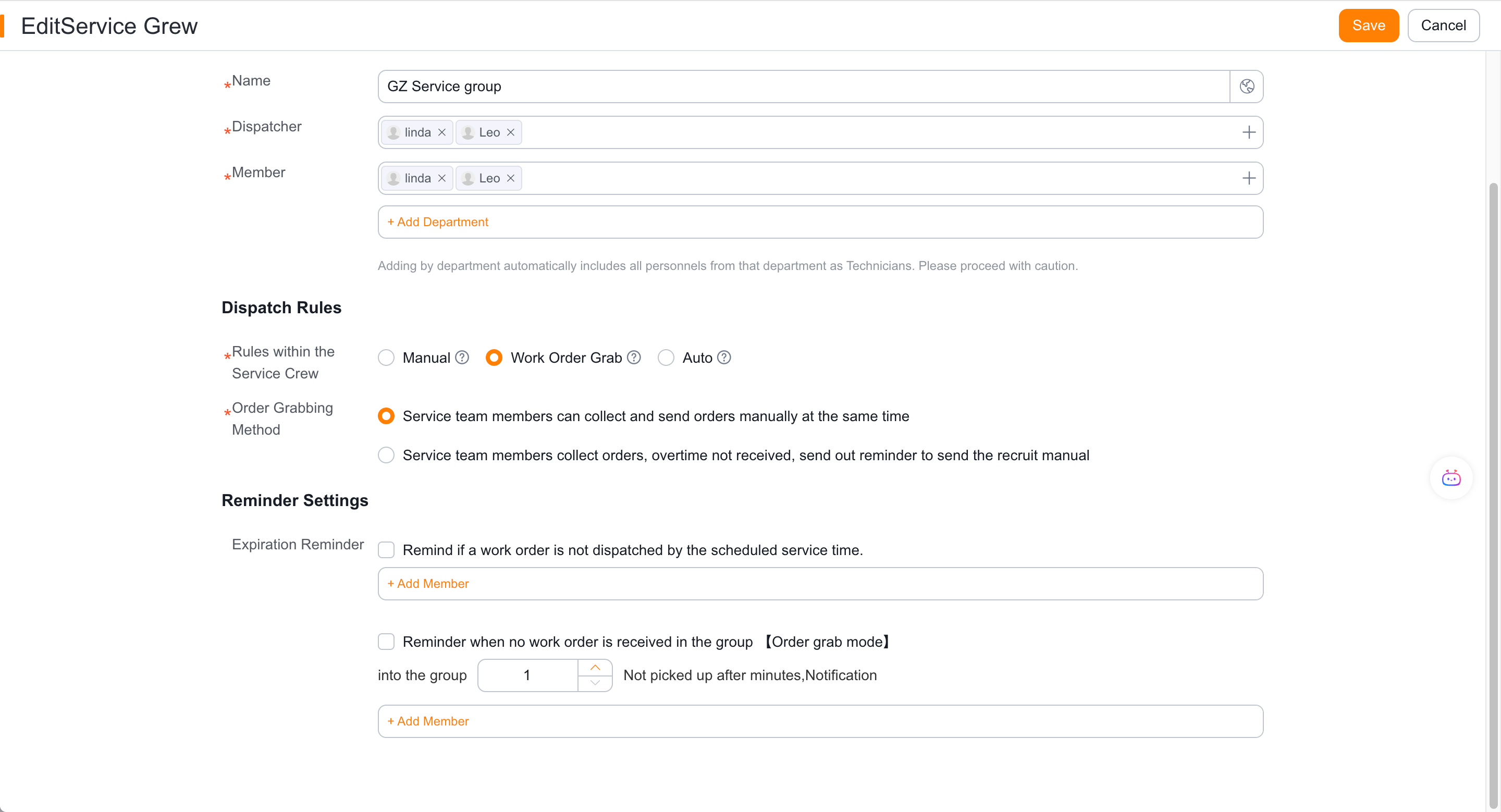 Set work-order claim mode for the service group