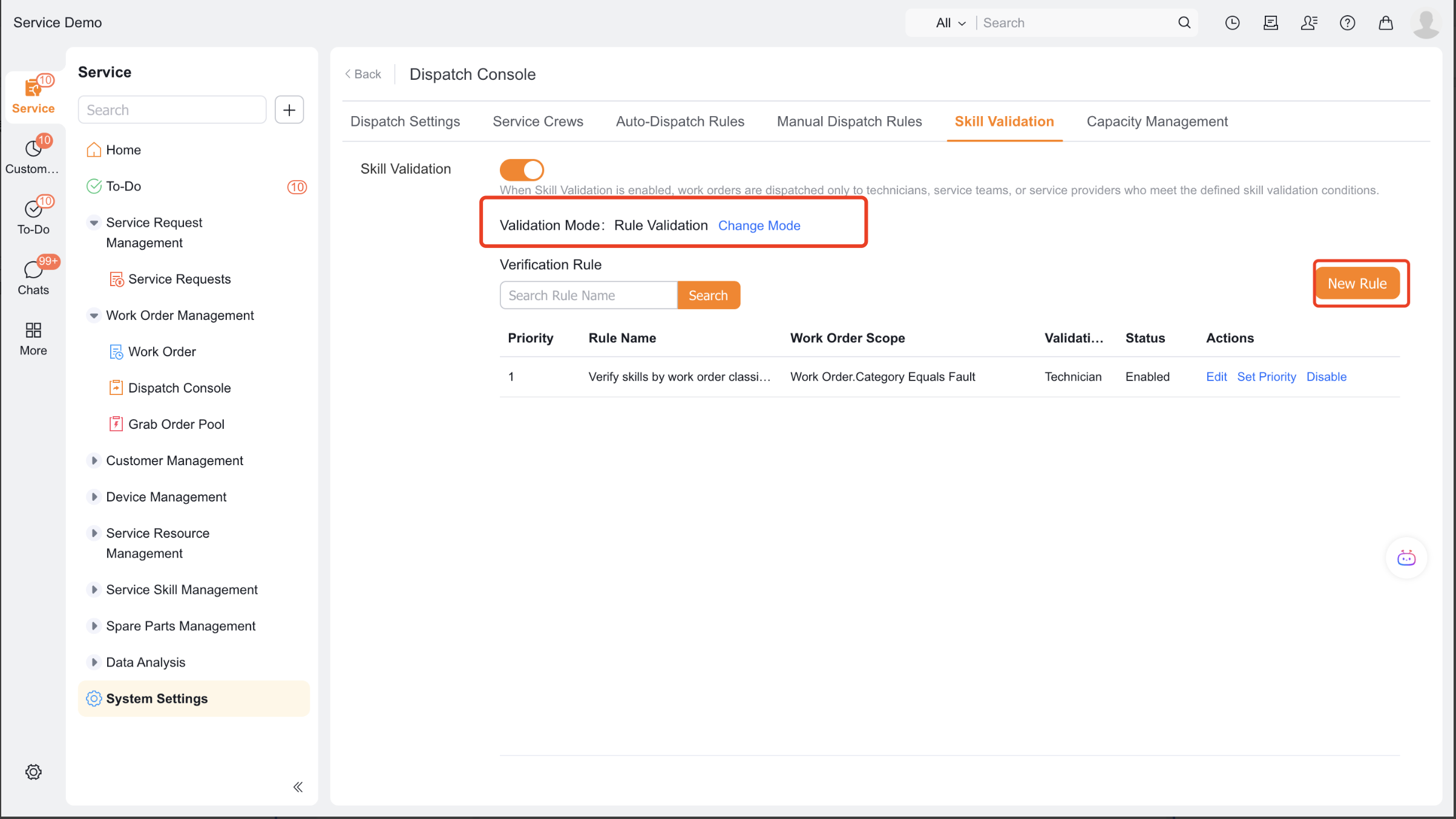 Select service skill verification mode