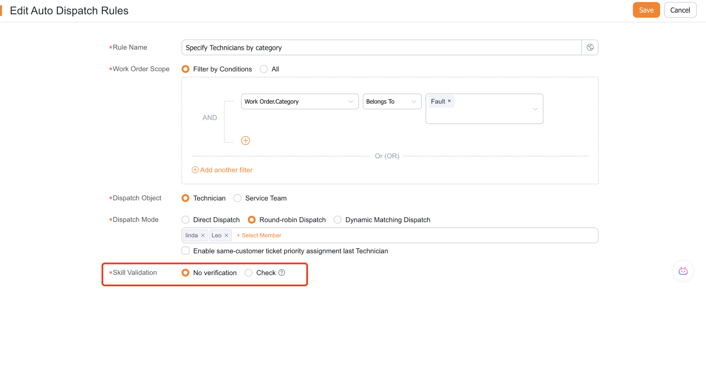 Enable skill matching in an auto dispatch rule