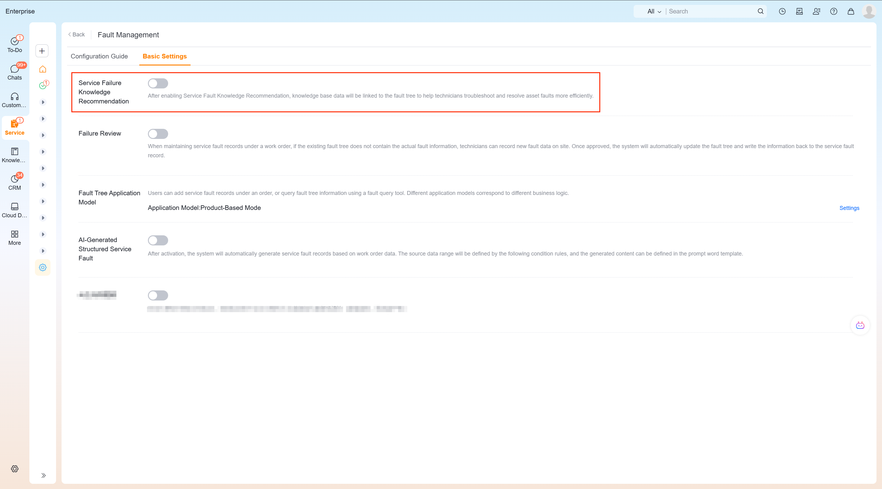 Knowledge recommendation switch in service fault basic settings